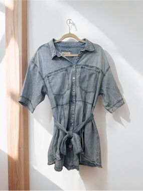 We The Free - Free People Light Blue Denim Tunic Shirt Dress Sz L NWOT